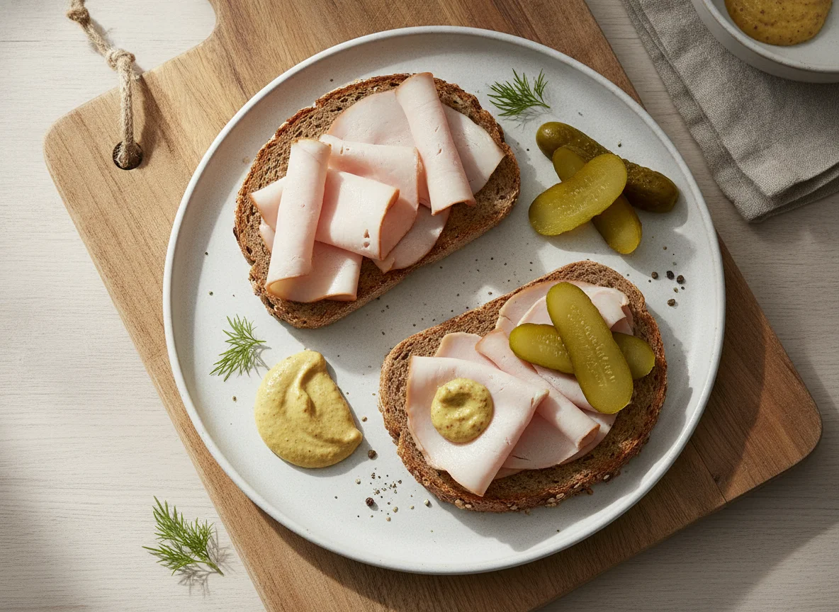 Vollkornbrot mit Putenbrust und Gewürzgurken photo