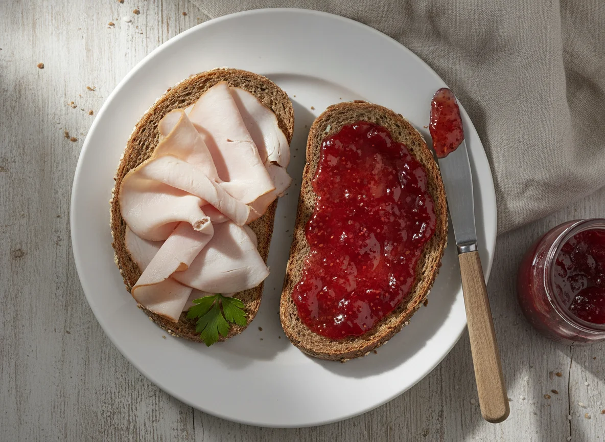 Vollkornbrot mit Putenbrust und Marmelade photo
