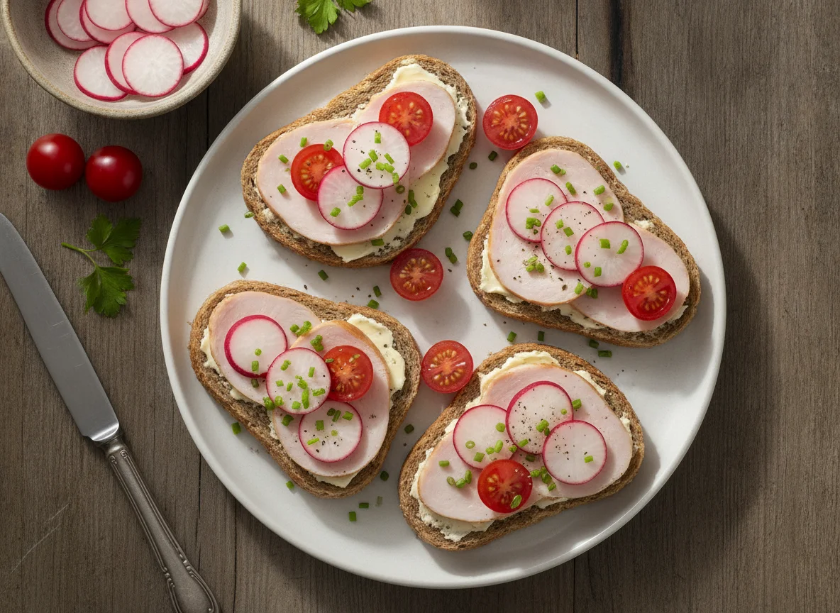 Vollkornbrot mit Putenbrust und Radieschen photo