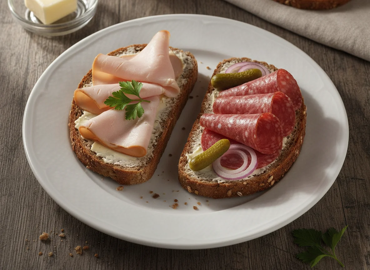 Vollkornbrot mit Putenbrust und Salami photo