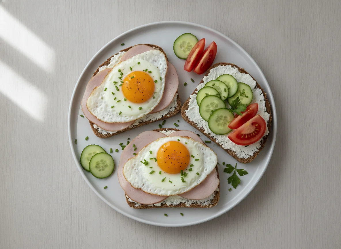 Vollkornbrot mit Putenbrust und Spiegelei photo