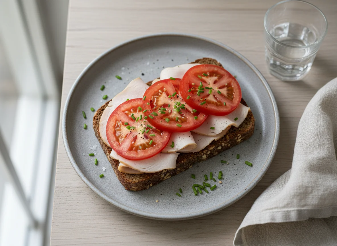 Vollkornbrot mit Putenbrust und Tomate photo