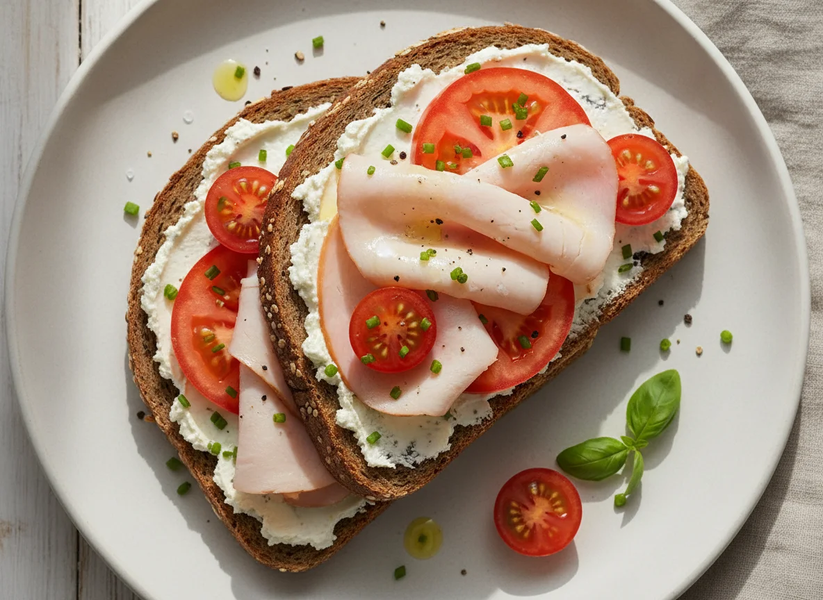 Vollkornbrot mit Putenbrust und Tomaten photo