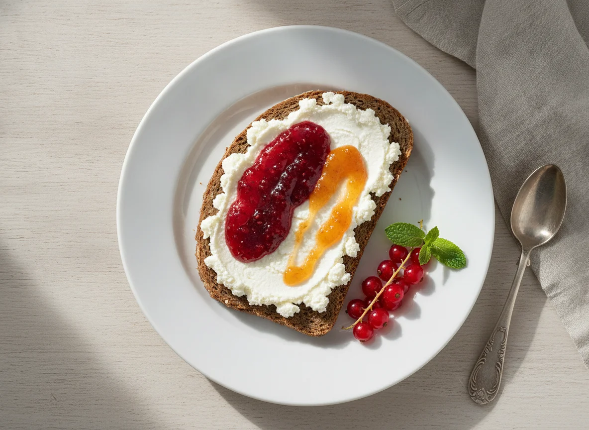 Vollkornbrot mit Quark und Marmelade photo