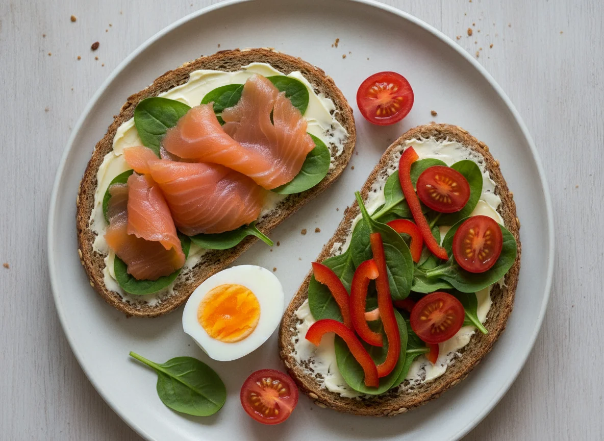 Vollkornbrot mit Räucherlachs, Ei und Gemüse photo