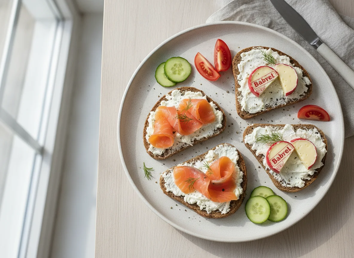 Vollkornbrot mit Räucherlachs, Frischkäse, Babybel und Gemüse photo