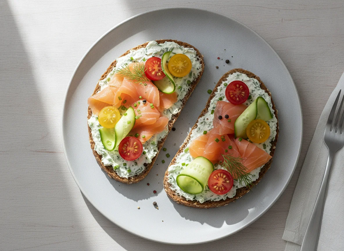 Vollkornbrot mit Räucherlachs, Frischkäse und Gemüse photo