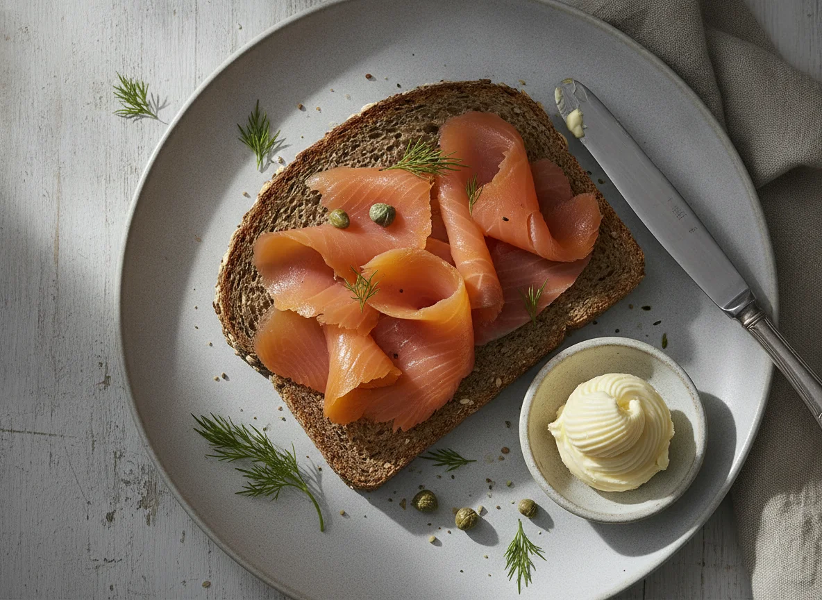Vollkornbrot mit Räucherlachs und Butter photo