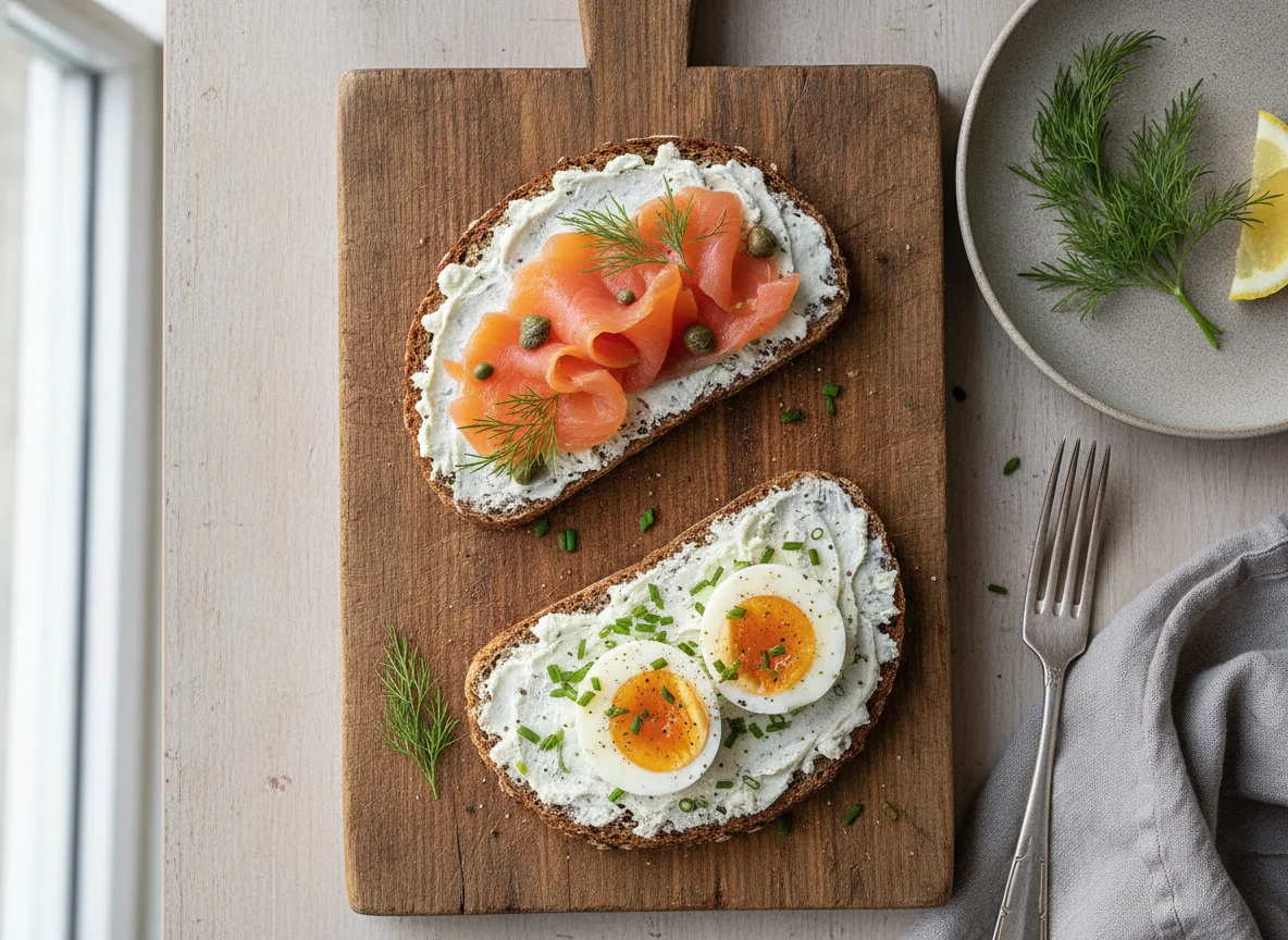 Vollkornbrot mit Räucherlachs und gekochtem Ei photo