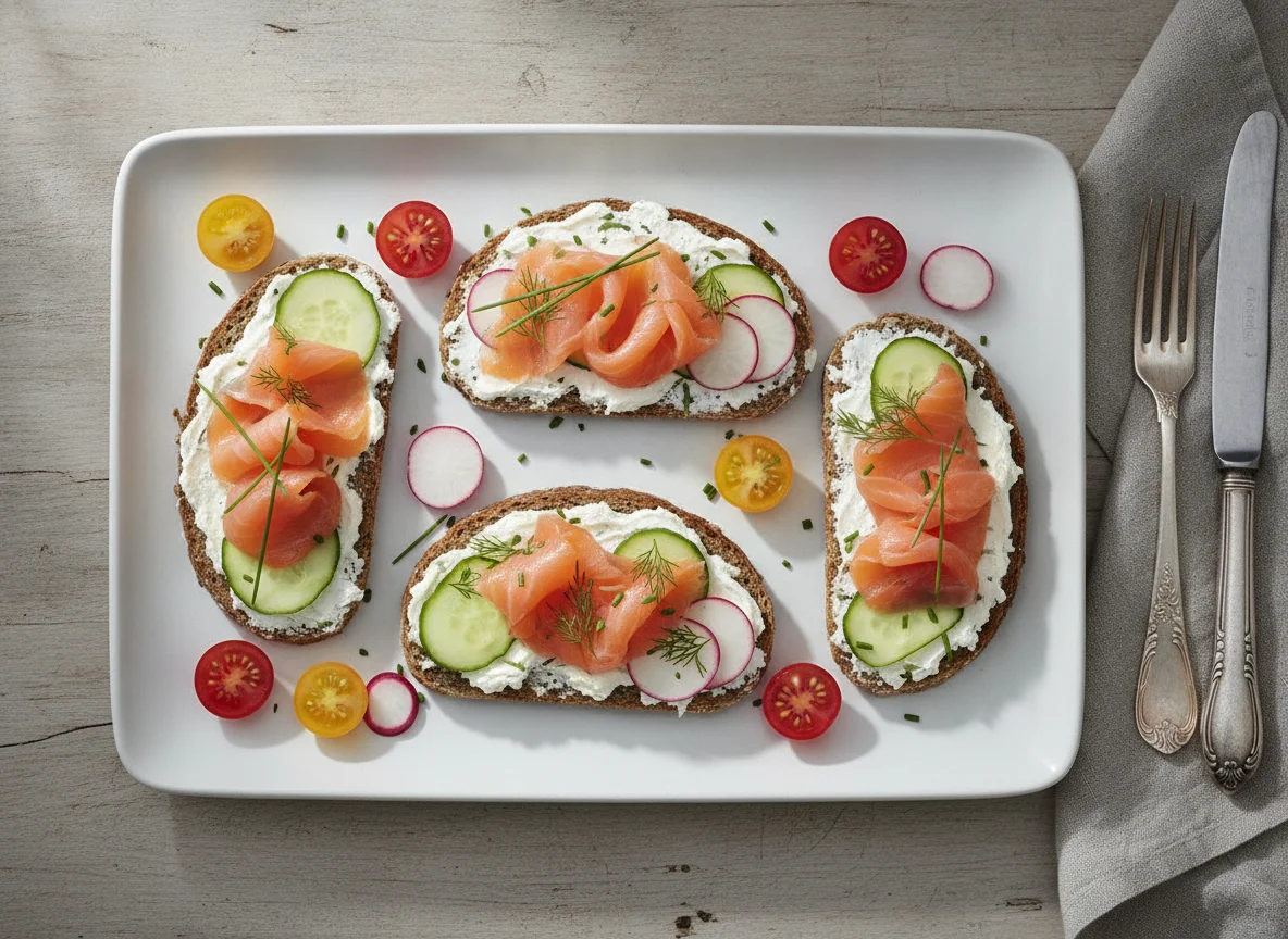 Vollkornbrot mit Räucherlachs und Gemüse photo