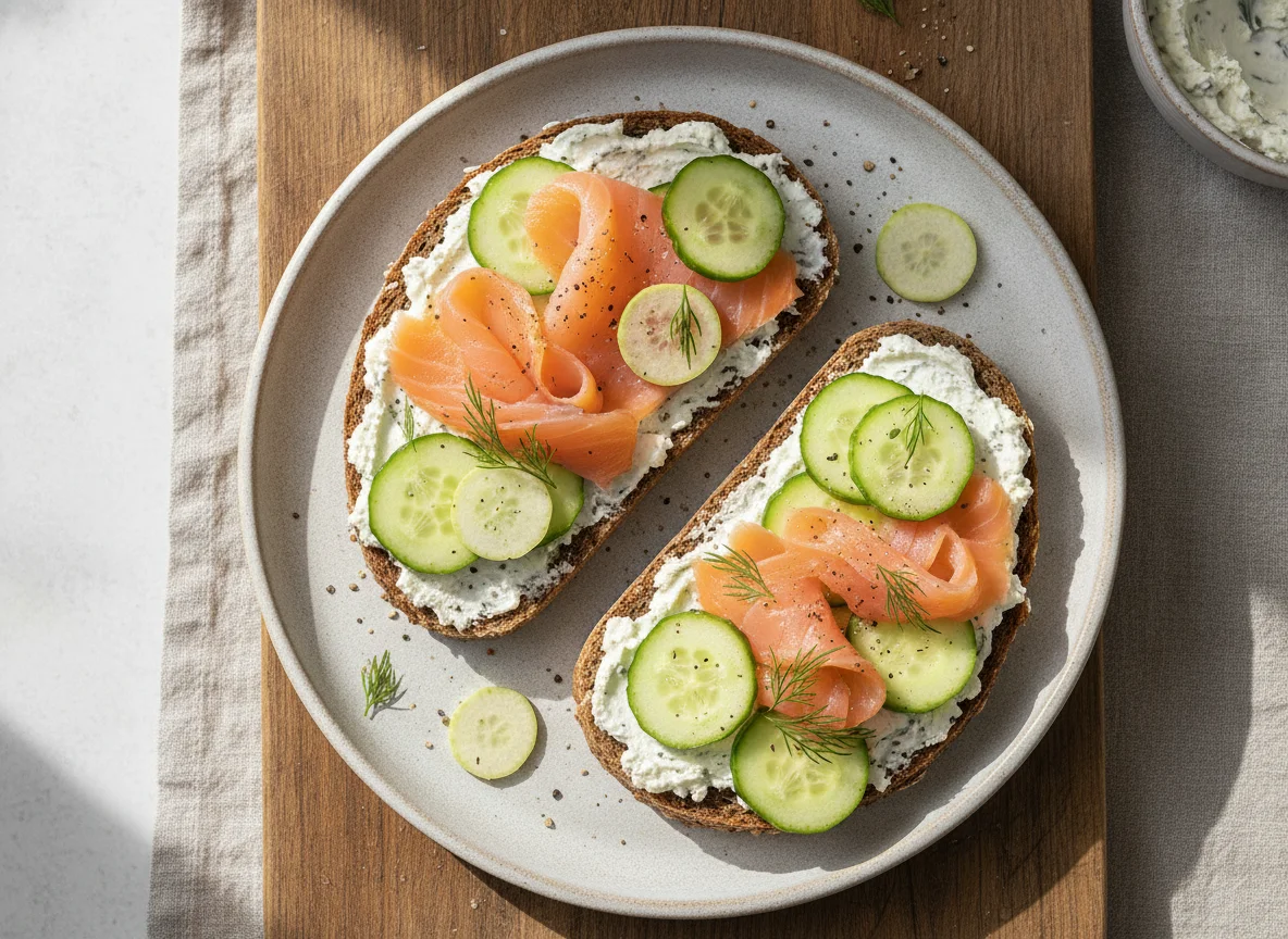 Vollkornbrot mit Räucherlachs und Gurke photo