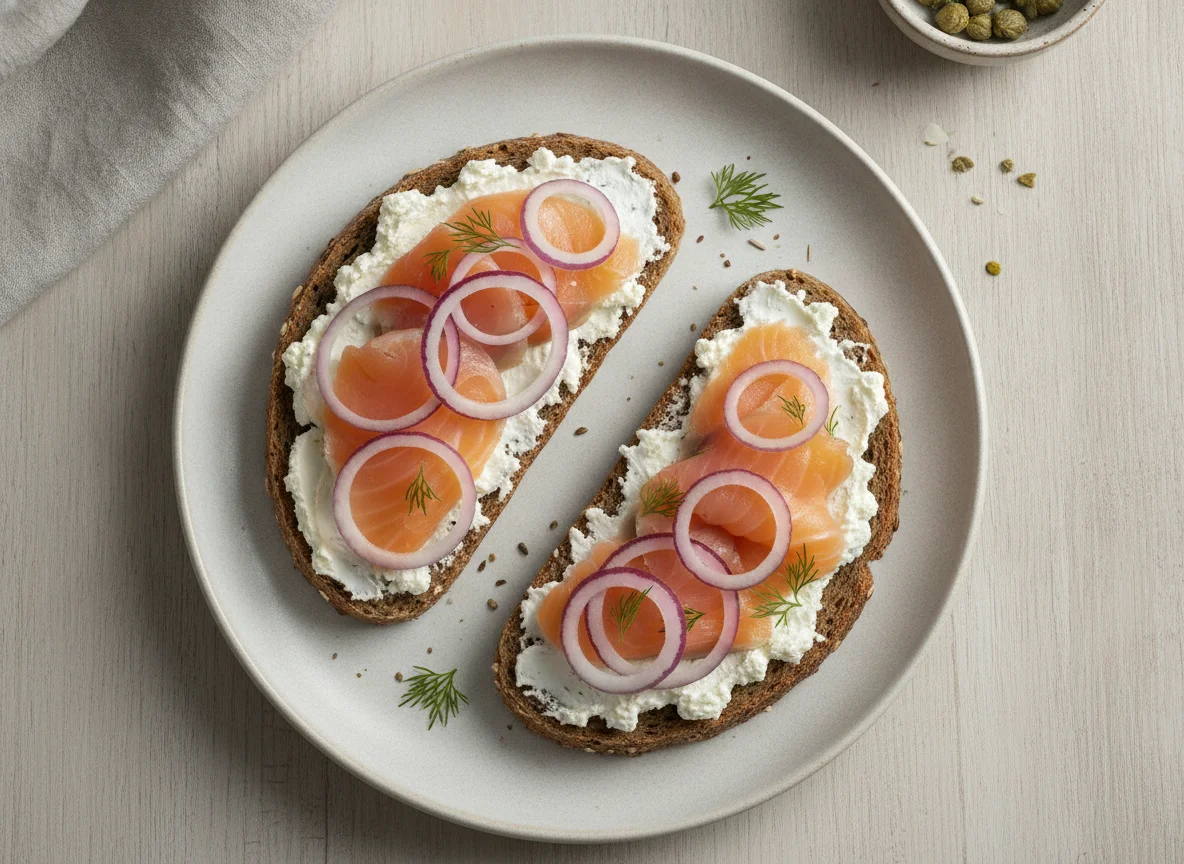 Vollkornbrot mit Räucherlachs und roten Zwiebeln photo