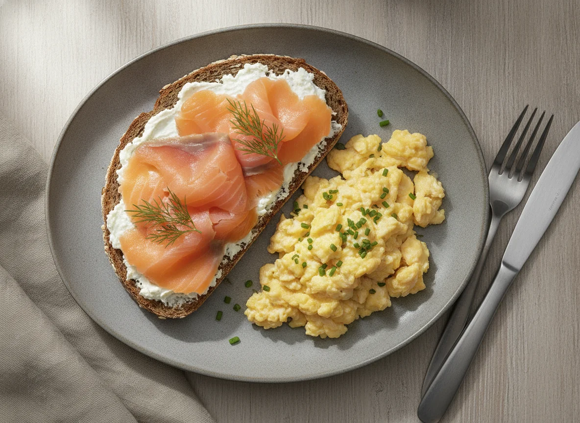 Vollkornbrot mit Räucherlachs und Rührei photo
