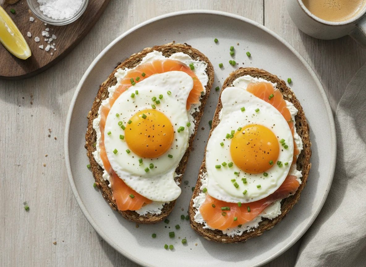 Vollkornbrot mit Räucherlachs und Spiegelei photo