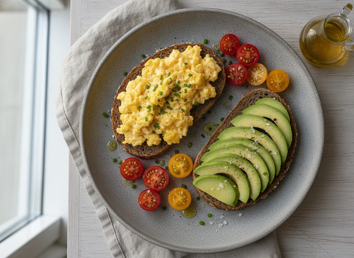 Vollkornbrot mit Rührei, Avocado und Tomaten photo