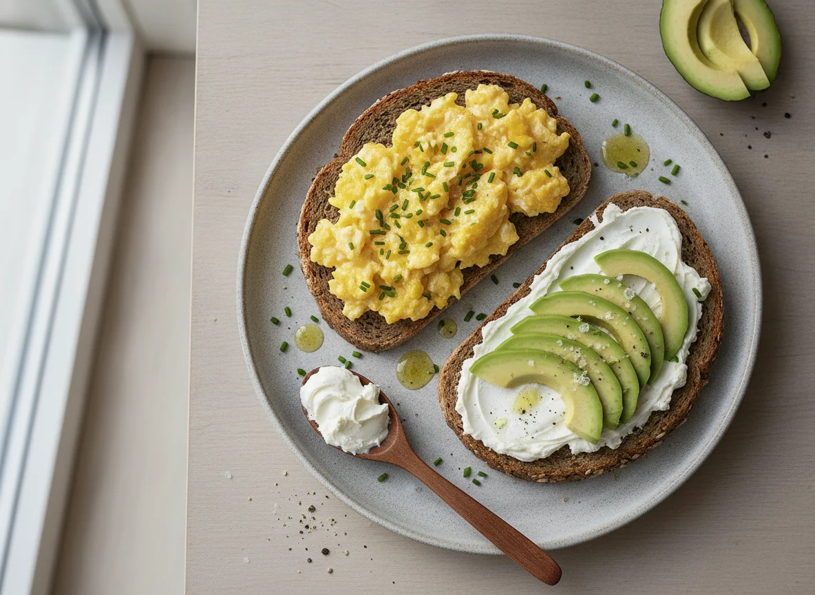 Vollkornbrot mit Rührei und Avocado photo
