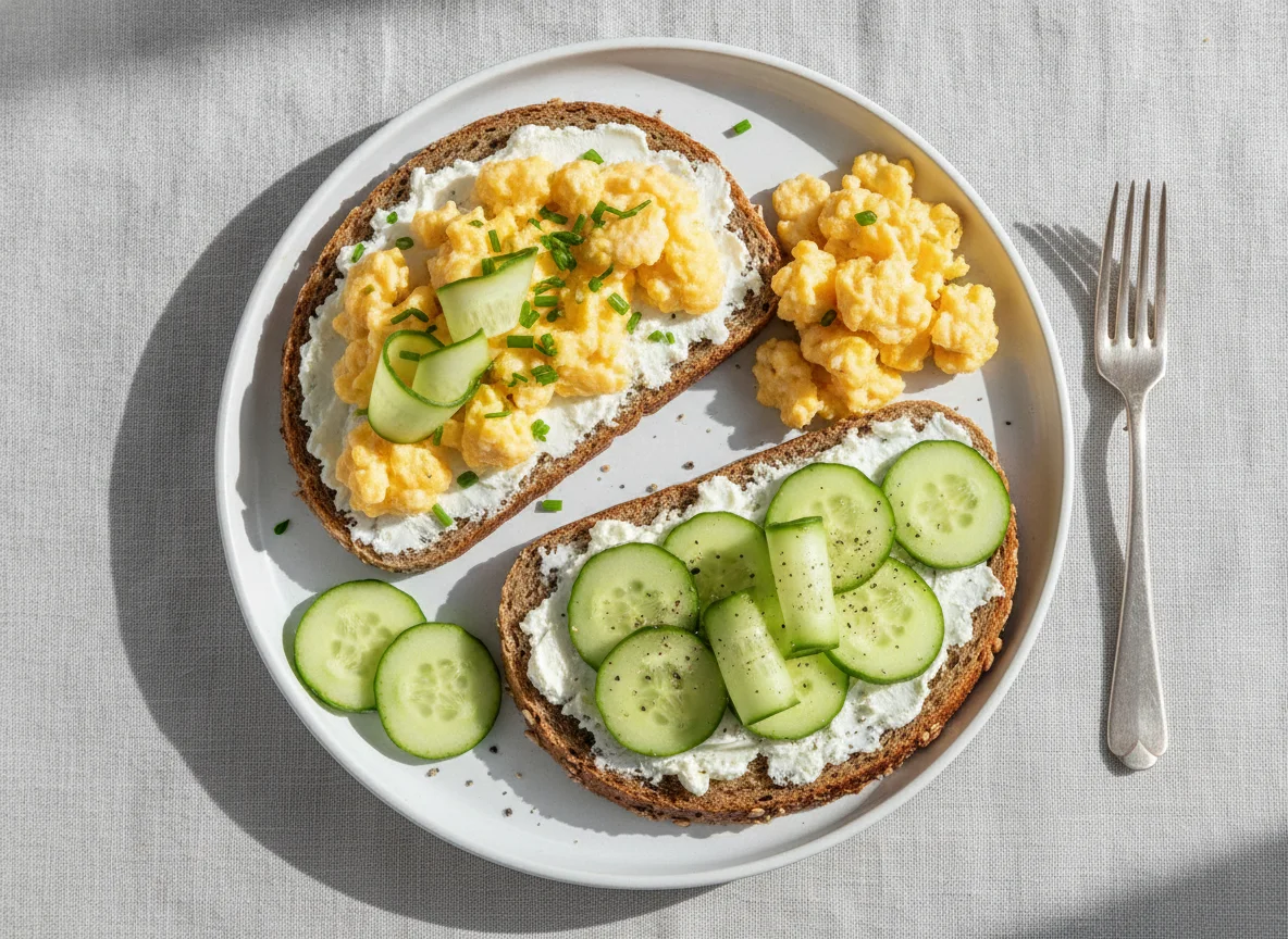Vollkornbrot mit Rührei und Gurke photo