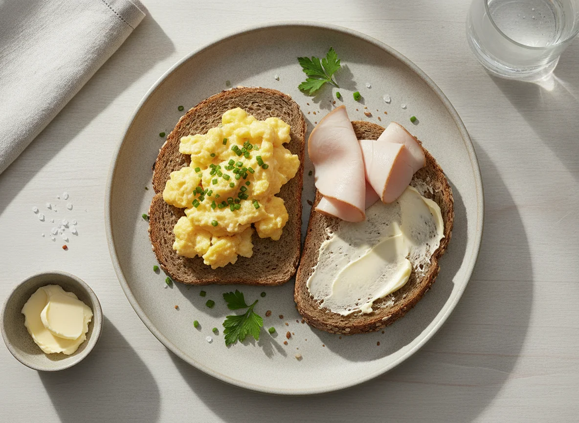 Vollkornbrot mit Rührei und Putenbrust photo