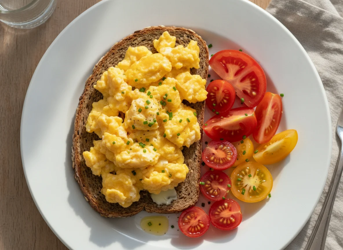 Vollkornbrot mit Rührei und Tomaten photo