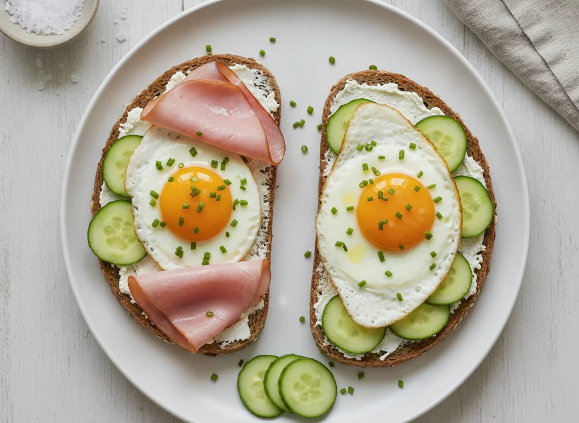 Vollkornbrot mit Schinken, Ei und Gurke photo
