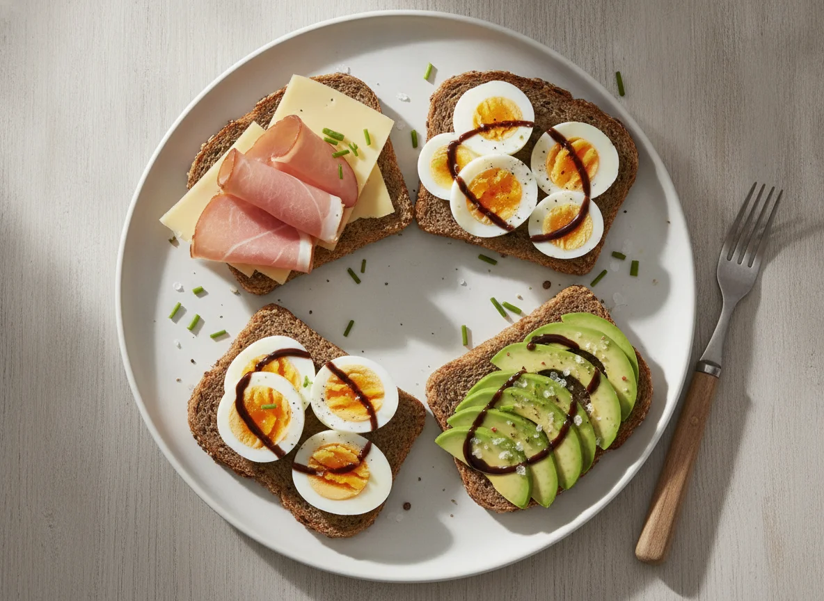 Vollkornbrot mit Schinken, Käse, Eiern und Avocado photo