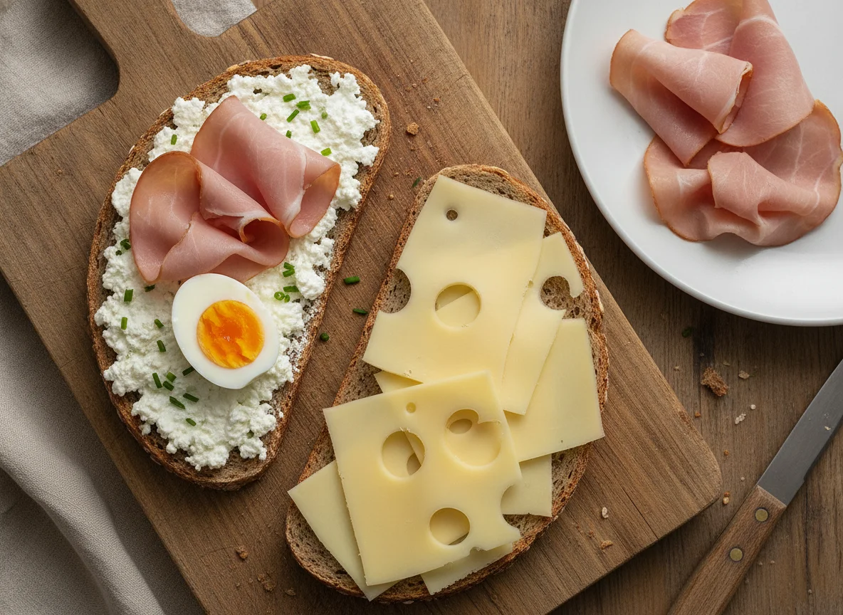 Vollkornbrot mit Schinken, Käse und Ei photo