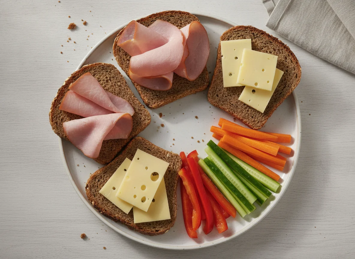 Vollkornbrot mit Schinken, Käse und Gemüsesticks photo