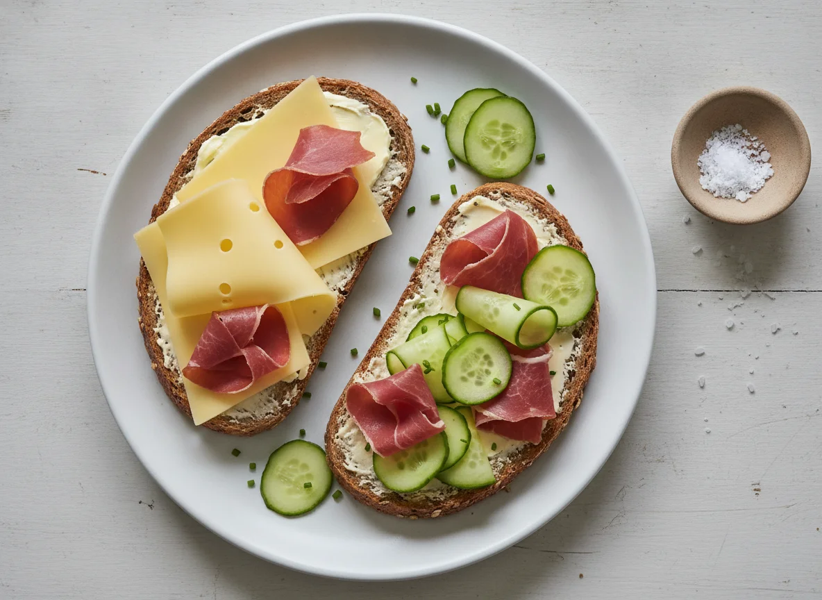 Vollkornbrot mit Schinken, Käse und Gurke photo