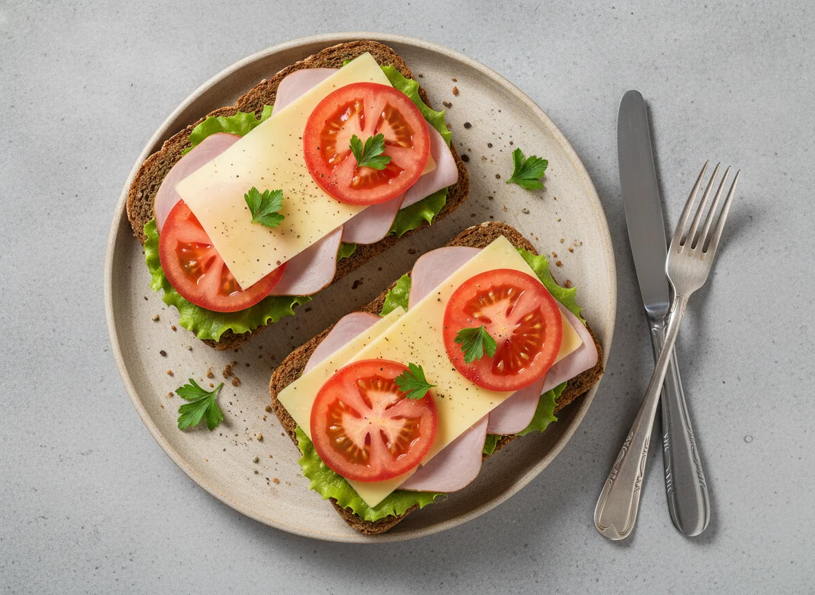 Vollkornbrot mit Schinken, Käse und Tomaten photo