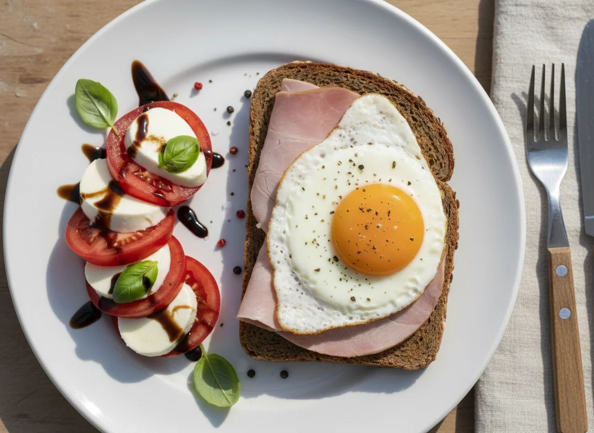 Vollkornbrot mit Schinken, Spiegelei und Tomate-Mozzarella photo