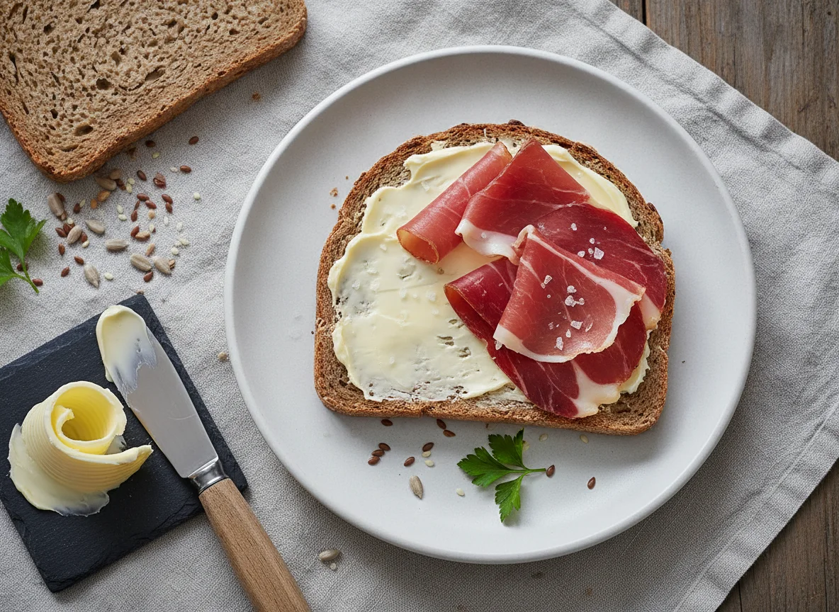 Vollkornbrot mit Schinken und Butter photo