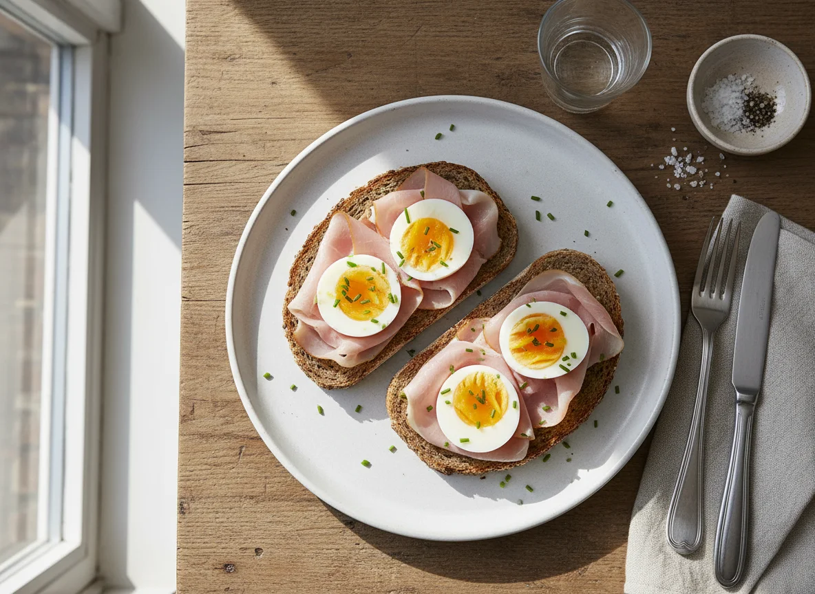 Vollkornbrot mit Schinken und Ei photo