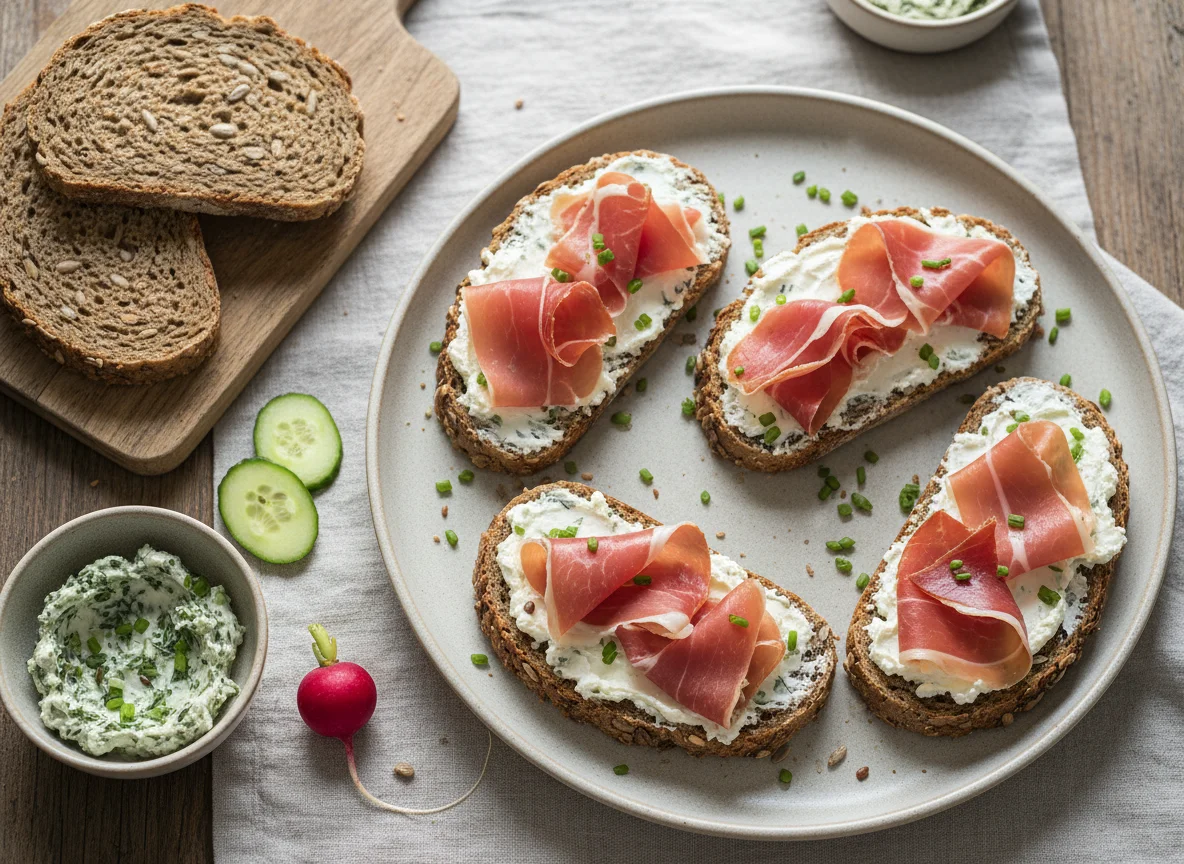 Vollkornbrot mit Schinken und Frischkäse photo