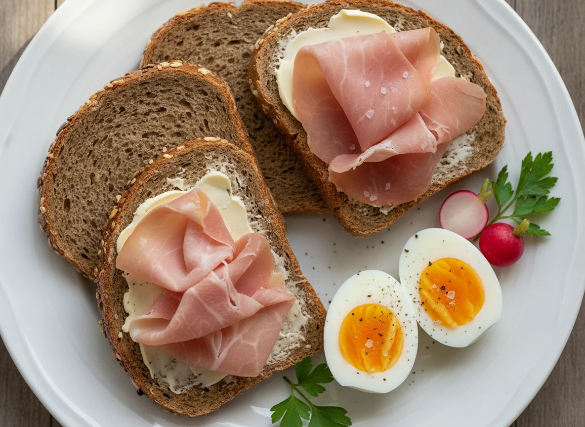 Vollkornbrot mit Schinken und gekochten Eiern photo