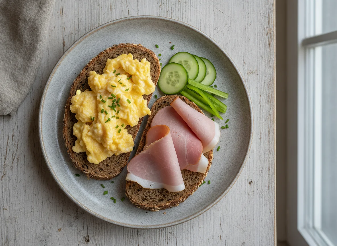 Vollkornbrot mit Schinken und Rührei photo