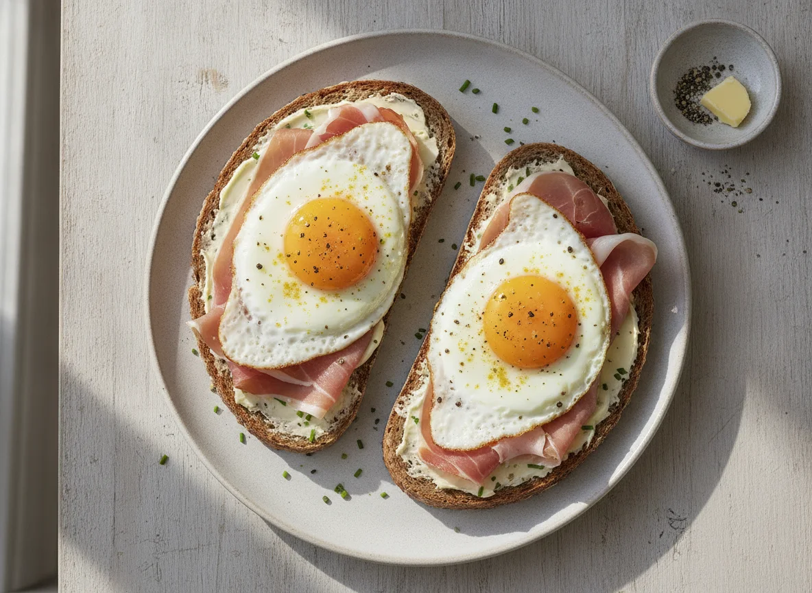 Vollkornbrot mit Schinken und Spiegelei photo