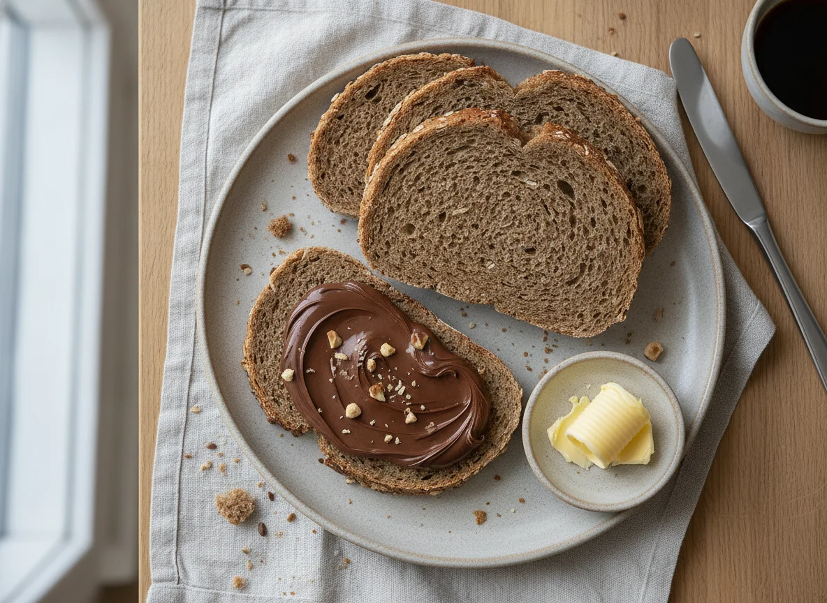 Vollkornbrot mit Schokoladenaufstrich und Butter photo