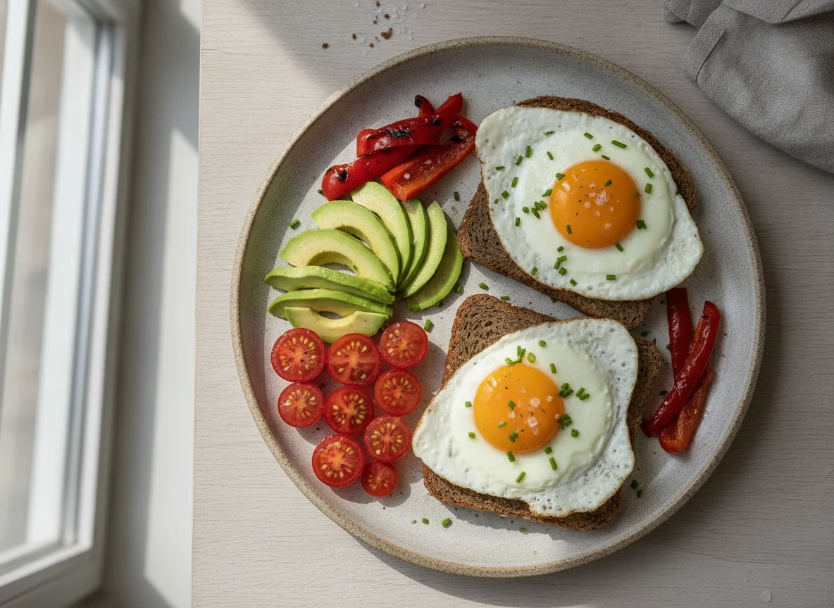 Vollkornbrot mit Spiegelei, Avocado und Tomaten photo