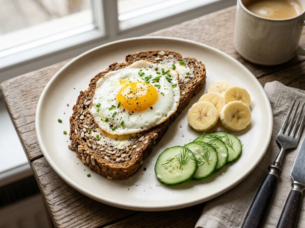 Vollkornbrot mit Spiegelei, Banane und Gurke photo