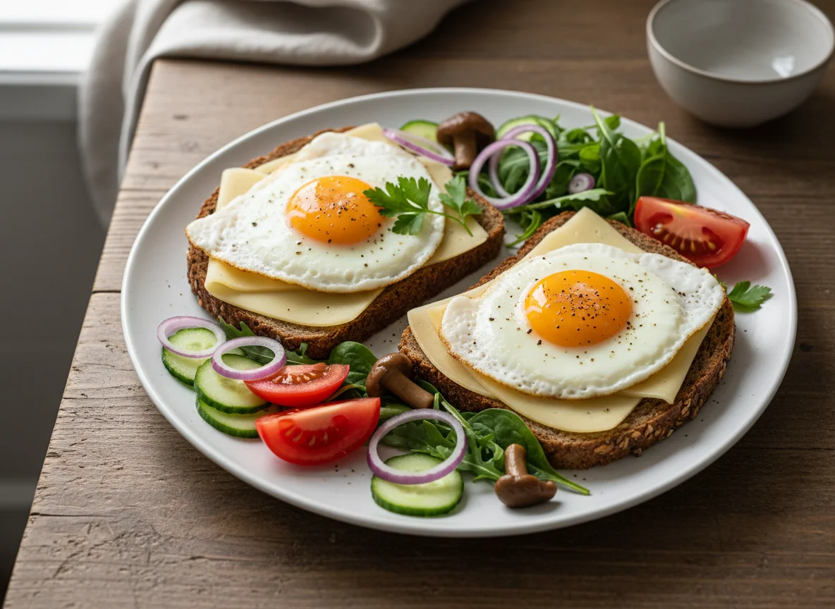 Vollkornbrot mit Spiegelei, Käse und Salat photo