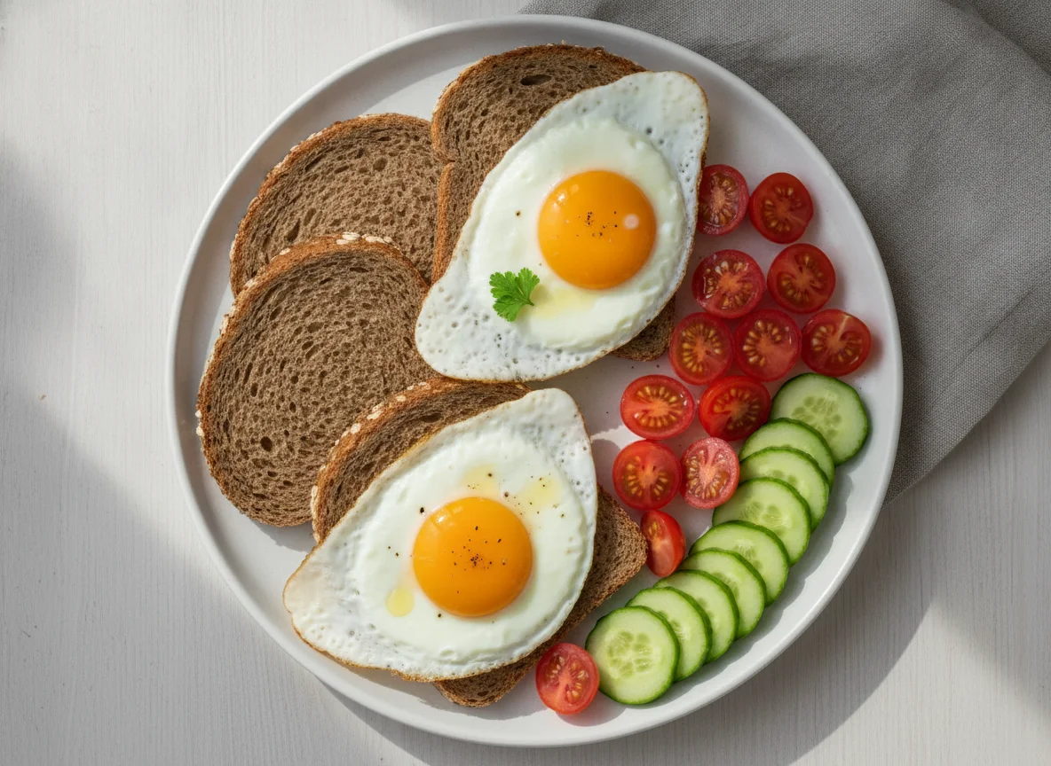 Vollkornbrot mit Spiegelei, Tomaten und Gurken photo