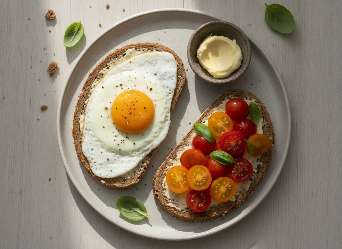 Vollkornbrot mit Spiegelei und Kirschtomaten photo
