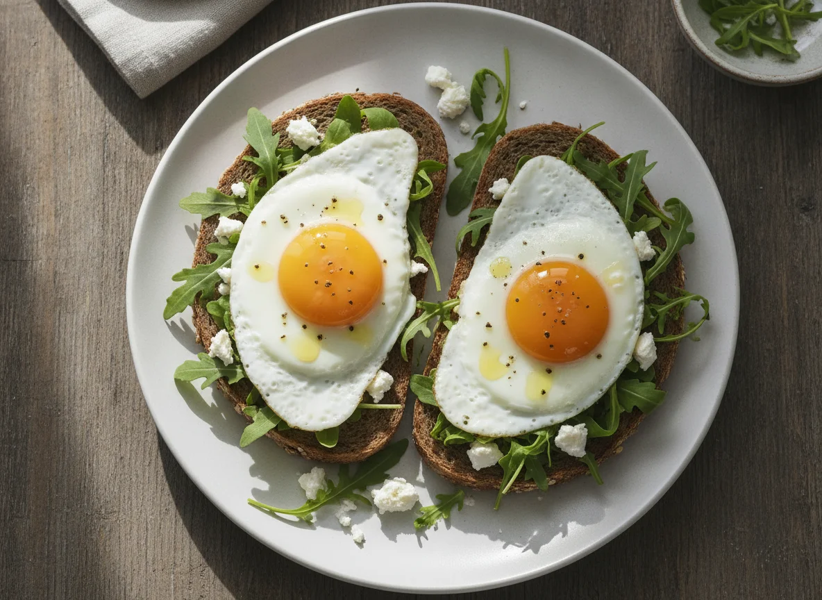Vollkornbrot mit Spiegelei und Rucola photo