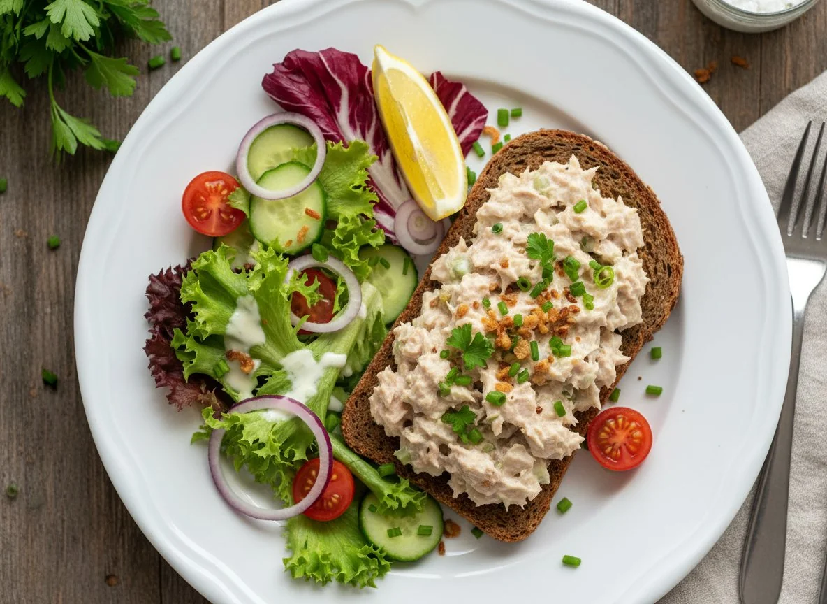 Vollkornbrot mit Thunfischsalat und Gemüse photo