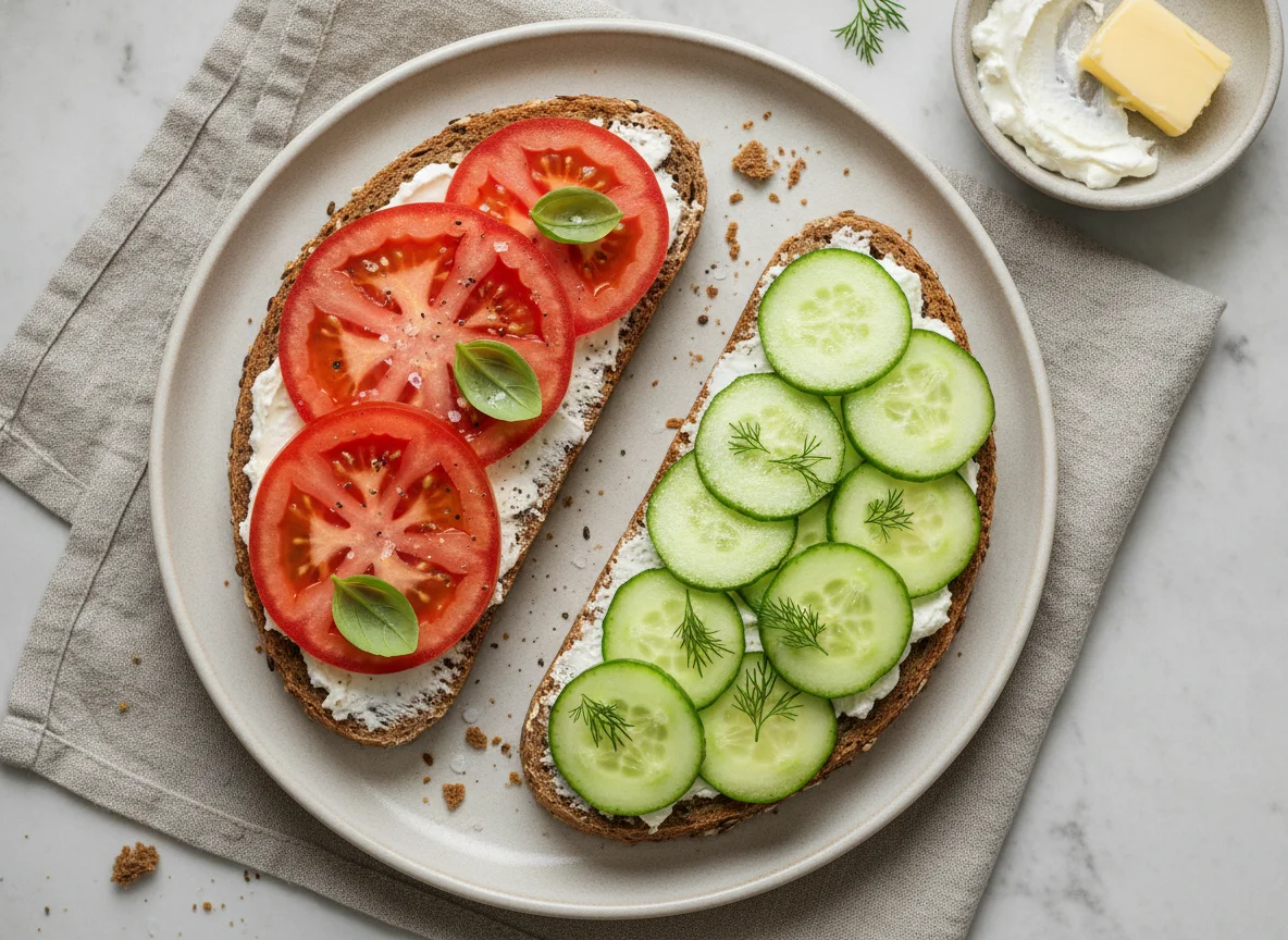 Vollkornbrot mit Tomaten und Gurken photo