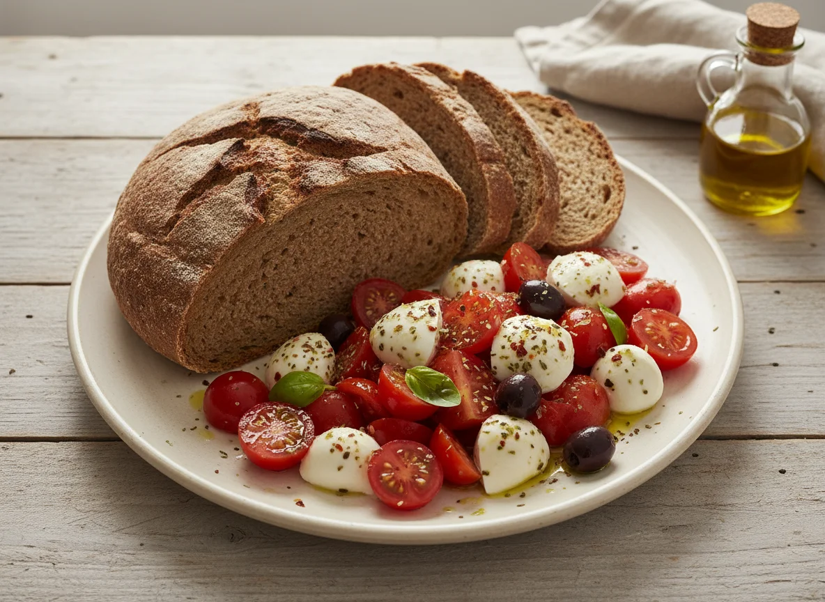 Vollkornbrot mit Tomaten-Mozzarella-Salat photo