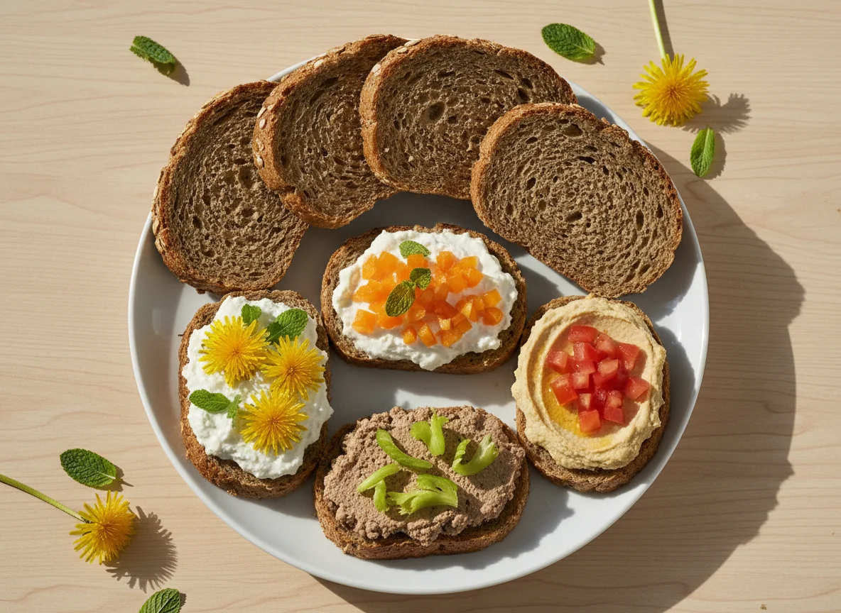 Vollkornbrot mit verschiedenen Aufstrichen photo