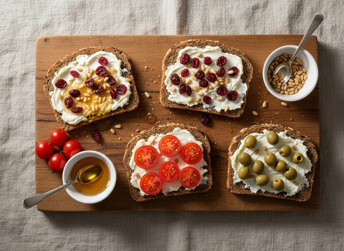 Vollkornbrot mit verschiedenen Belägen und Beilagen photo
