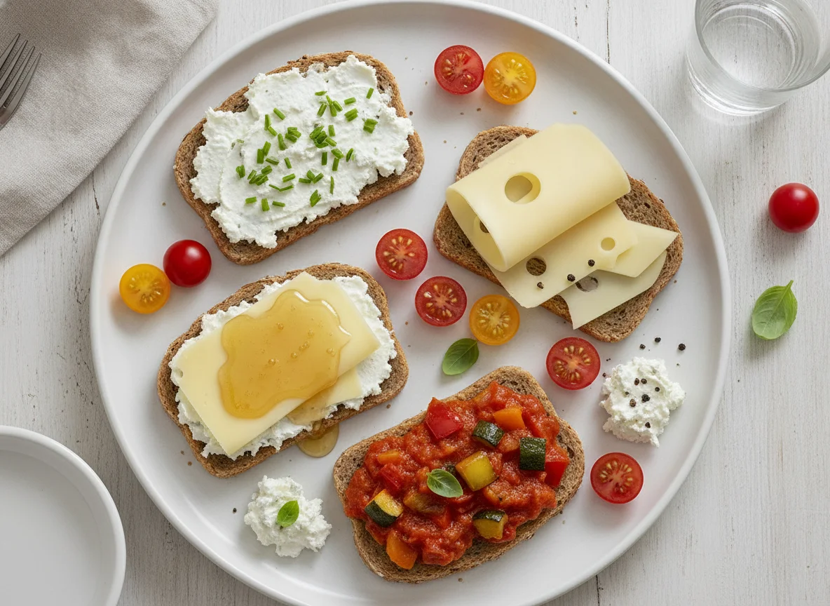 Vollkornbrot mit verschiedenen Belägen und Kirschtomaten photo