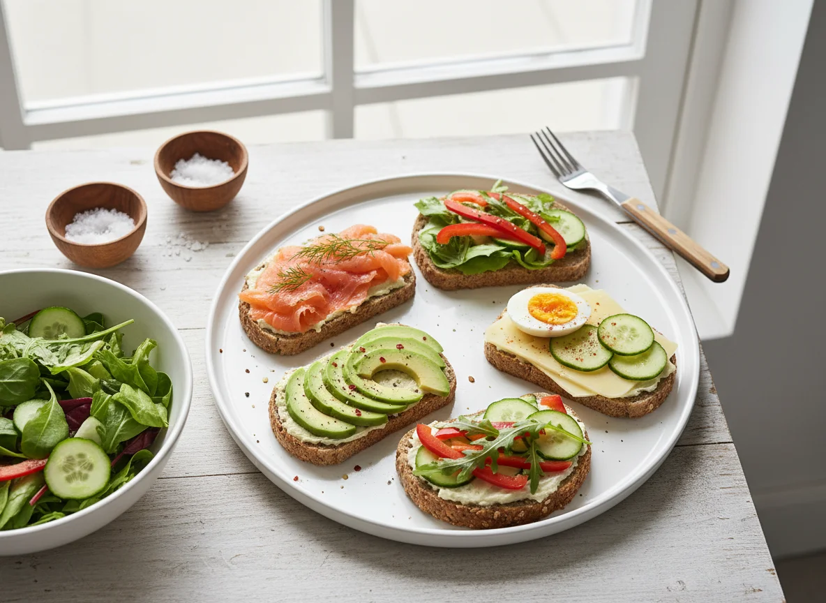 Vollkornbrot mit verschiedenen Belägen und Salat photo